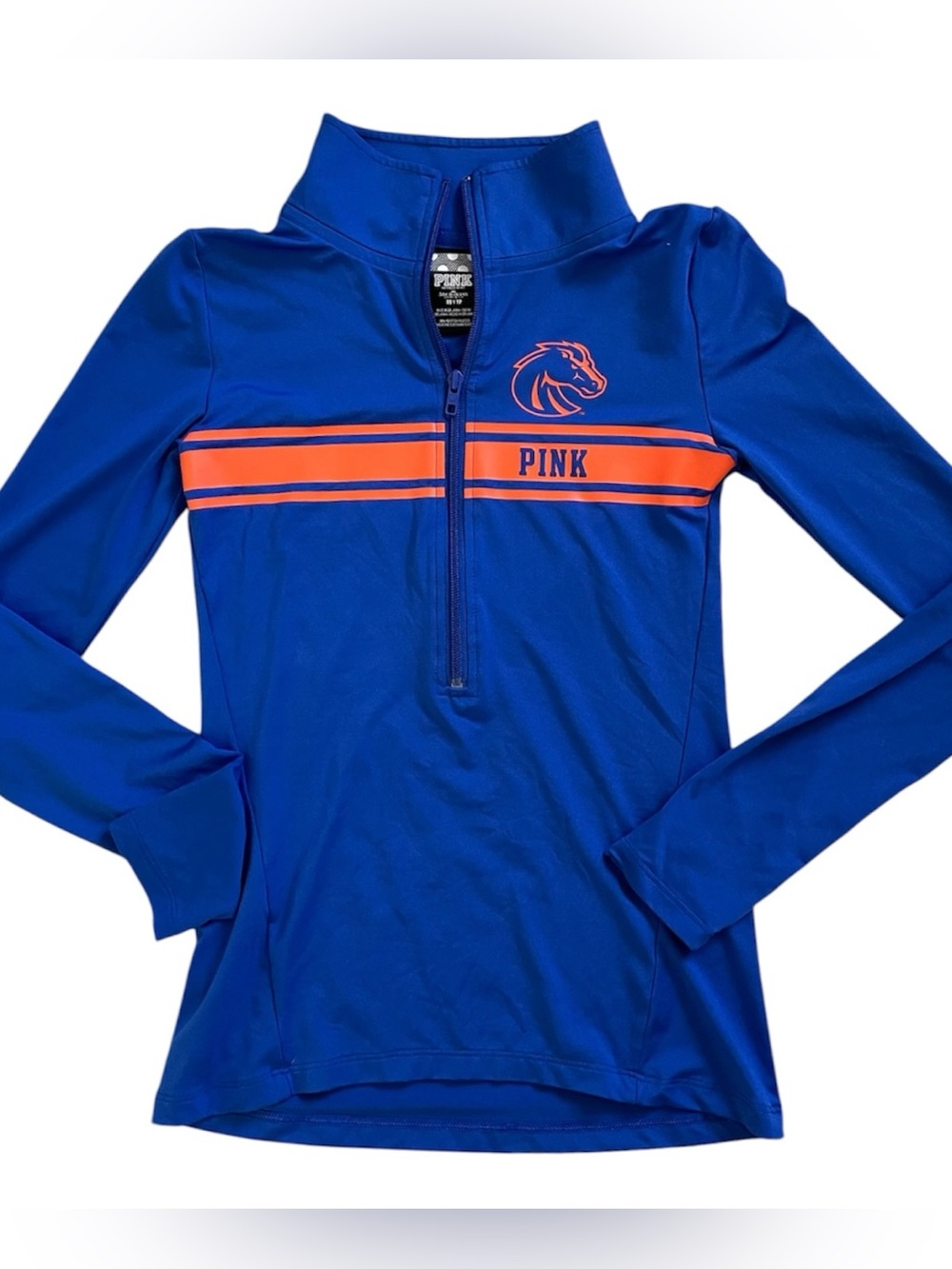 PINK VS Boise State Broncos Blue & Orange Quarter Zip Pullover, women XS